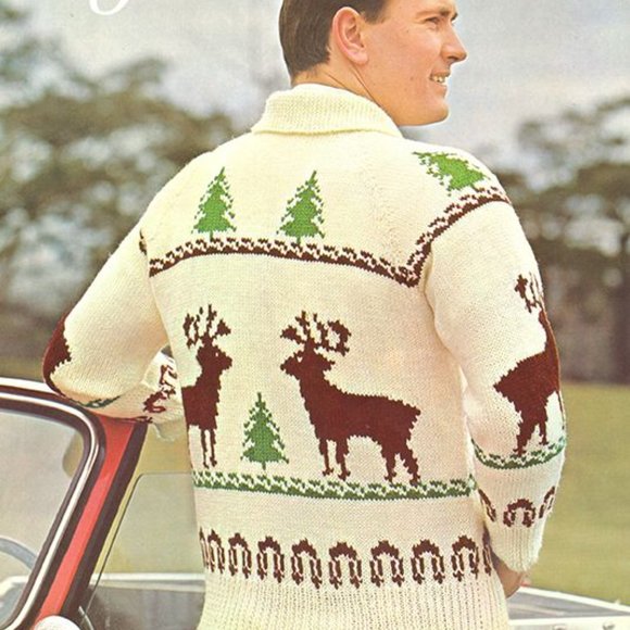 Vintage Hand Knit Cowichan Style Mary Maxim Cardigan Sweater with Deer - Picture 1 of 8